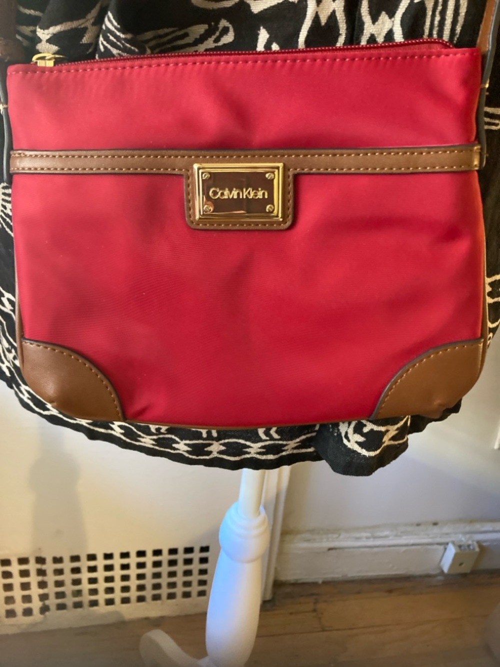 Calvin Klein Red Nylon Crossbody with Brown Leather Trim